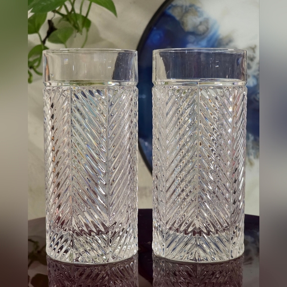VTG Ralph Lauren Crystal HERRINGBONE 6.25” Highball Glass Set Of 2 - Picture 1 of 6